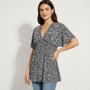 Vtg April Cornell V-Neck Oversized Tunic Blouse - Empire Waist Stretch Boho - XS